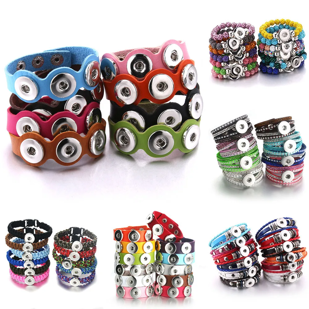 18MM Snap Button Jewelry Men's and Women's Leather Bracelet High Quality Snap Button Bracelet Mixed Styles 10 Pcs/Lot