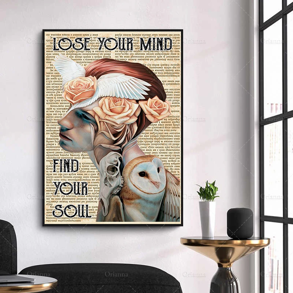 Owl And Flower Lose Your Mind Find Your Soul Canvas Poster - Surrealism Art Prints-Home Decor -Canvas Wall Art Unique Gift