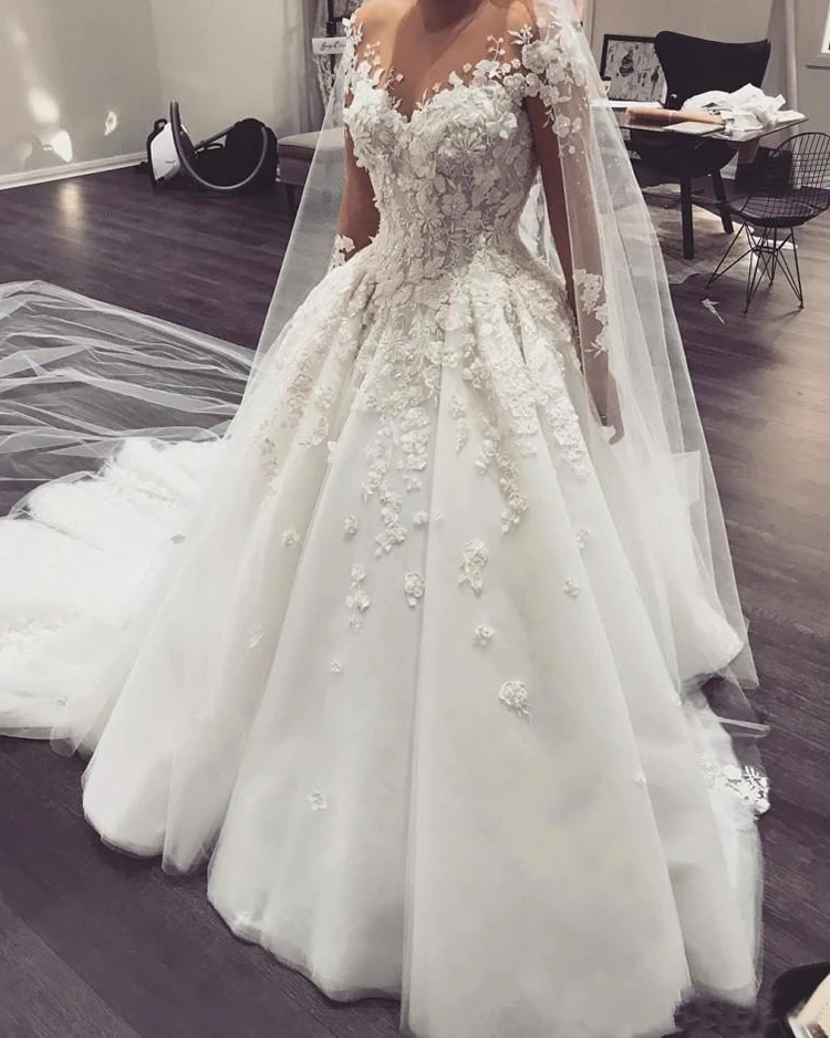 Luxury Arabic A-Line Wedding Dress Princess Robe De Mariee 3d Flowers Beaded Appliques Wedding Gowns For Bride With Long Sleeves