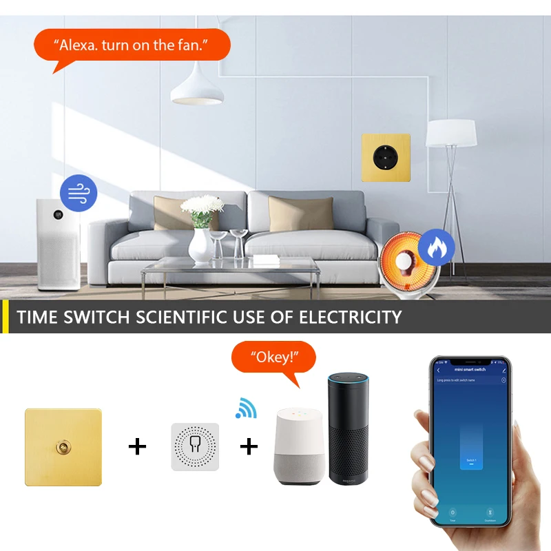 Avoir Tuya Smart Home 16A Wifi Module Control Wall Socket Retro Brass Panel Gold Toggle Switch Electrical Outlets Sensor Switch