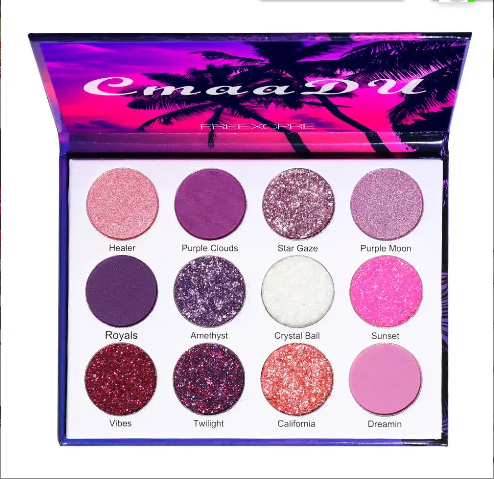 12 Colors Purple Neon Pigments Matte Eyeshadow Palette Christmas Matte Glitter Shiny Makeup Pelette Purple Eye Shadow T2064