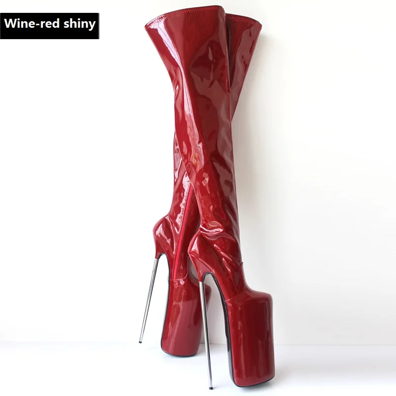 Women Thigh High Boots,Men Night Club Dancing Shoes,Fetish Cosplay Booties,Side Zip Long Botas,30cm Stiletto Metal Heel,RED,Blck