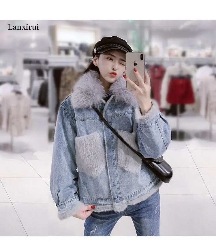 Women Jacket Large Fur Collar Plus Velvet Denim Jacket Loose Jacket Cotton Coat 2019 Autumn And Winter New Style