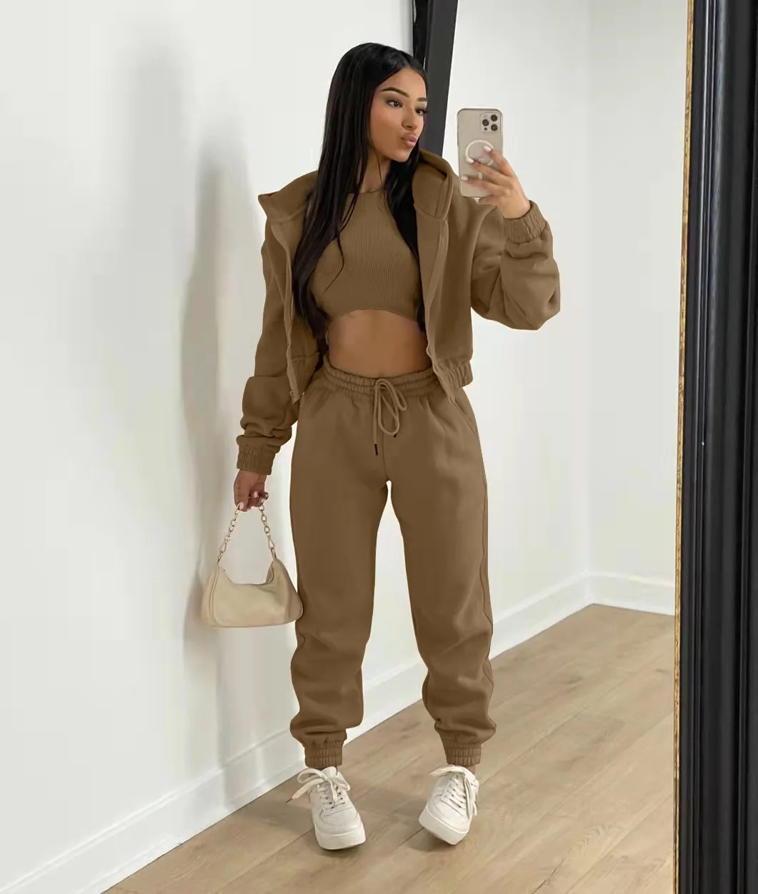 Women 3 Piece Sets Casual Long Sleeve Zip Hoodies+Ribbed Tank+High Waist Sweatpants Jogger Pant Suits Sporty Three Pieces Outfit