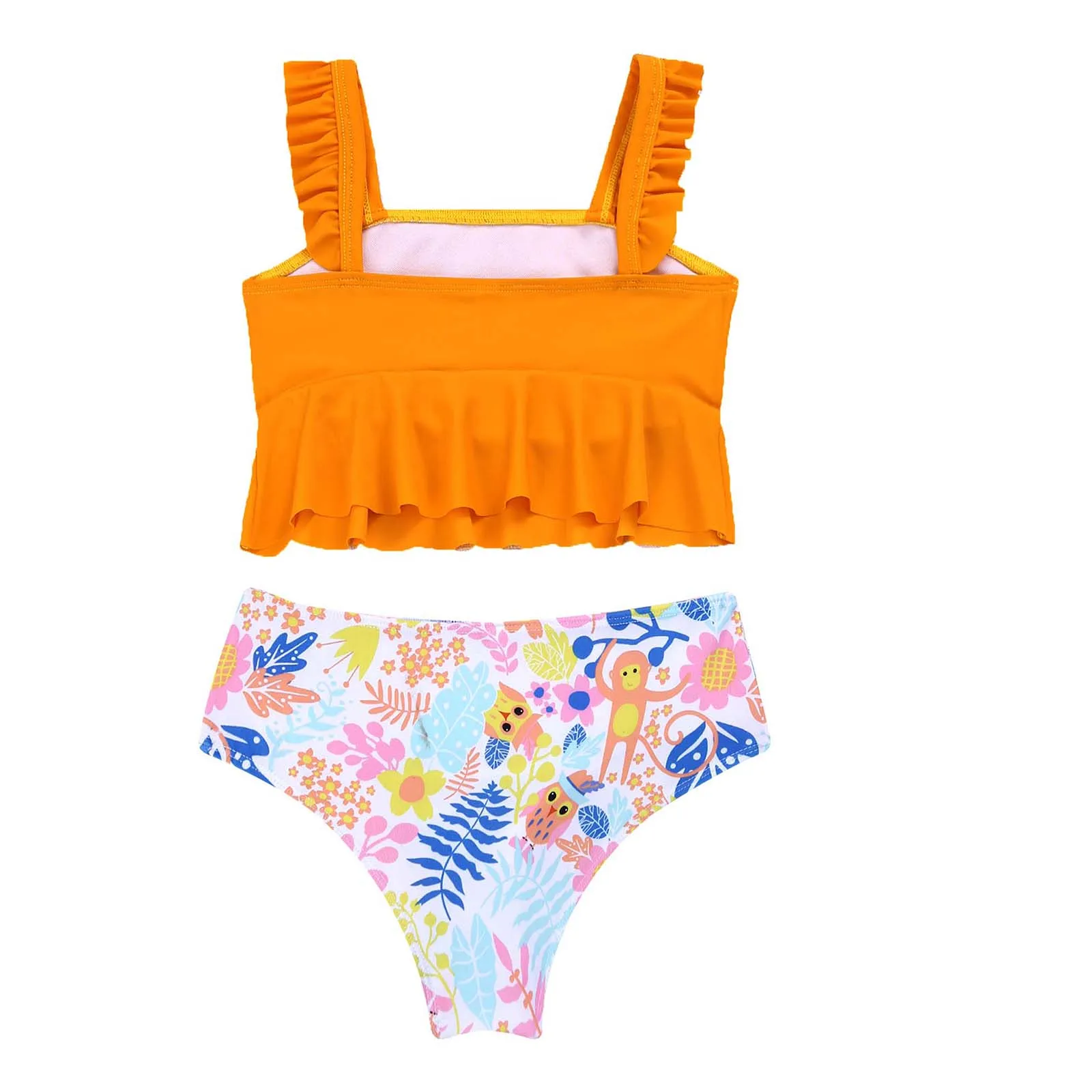 TiaoBug Kids Girls 2Pcs Summer Print Swimwear Swimsuit Square Neck Fly Sleeve Ruffle Crop Top Bottom Bathing Beach Pool Bikini