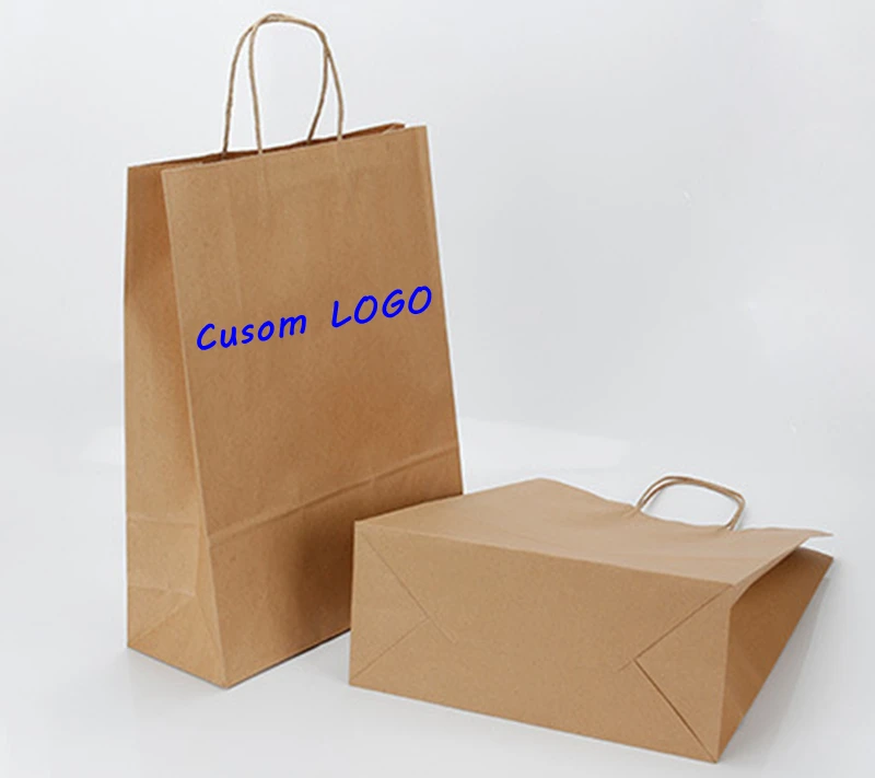 

100PCS Custom Logo 21x15x8cm Kraft Paper Bags Handles Gift Jewelery Packing bags for Wedding Baby Birthday Christmas Party bags