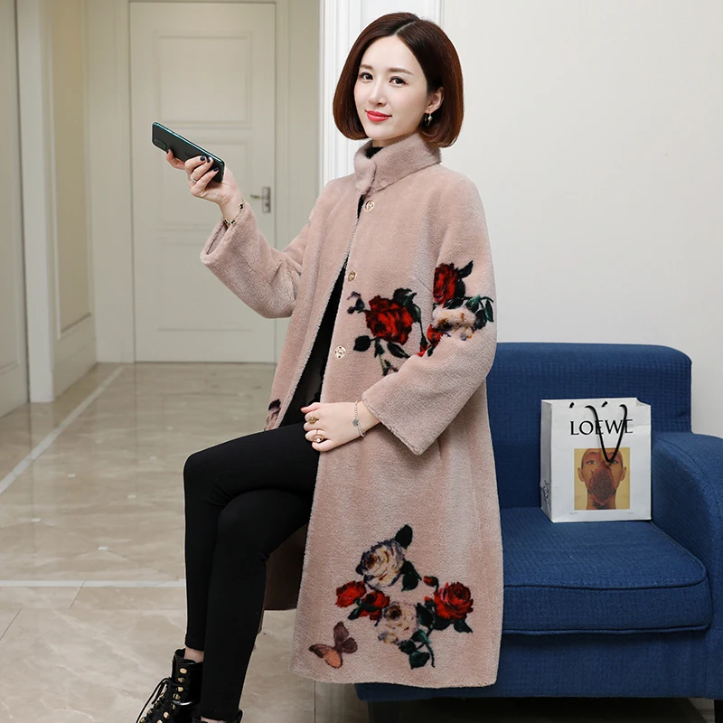 Real Fur Coat Female Vintage Long Mink Fur Collar Sheep Shearing Jacket Women Cloth 2019 Korean 100% Wool Tops Hiver 2067