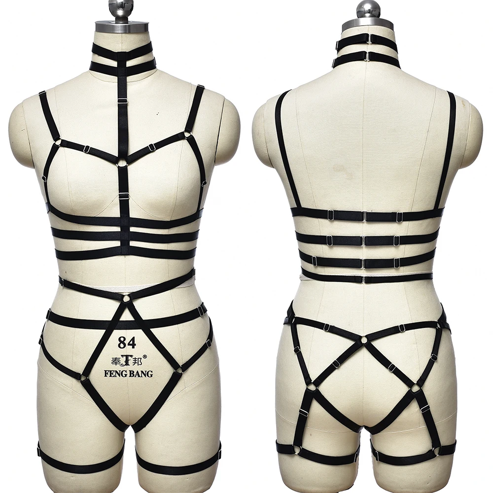 

Full Fetish Body Harness Sexy Lingerie Set Sexy Goth Cage Bra Chest Belt Adjust Leg Garter Belt Waist Suspender Festival Rave