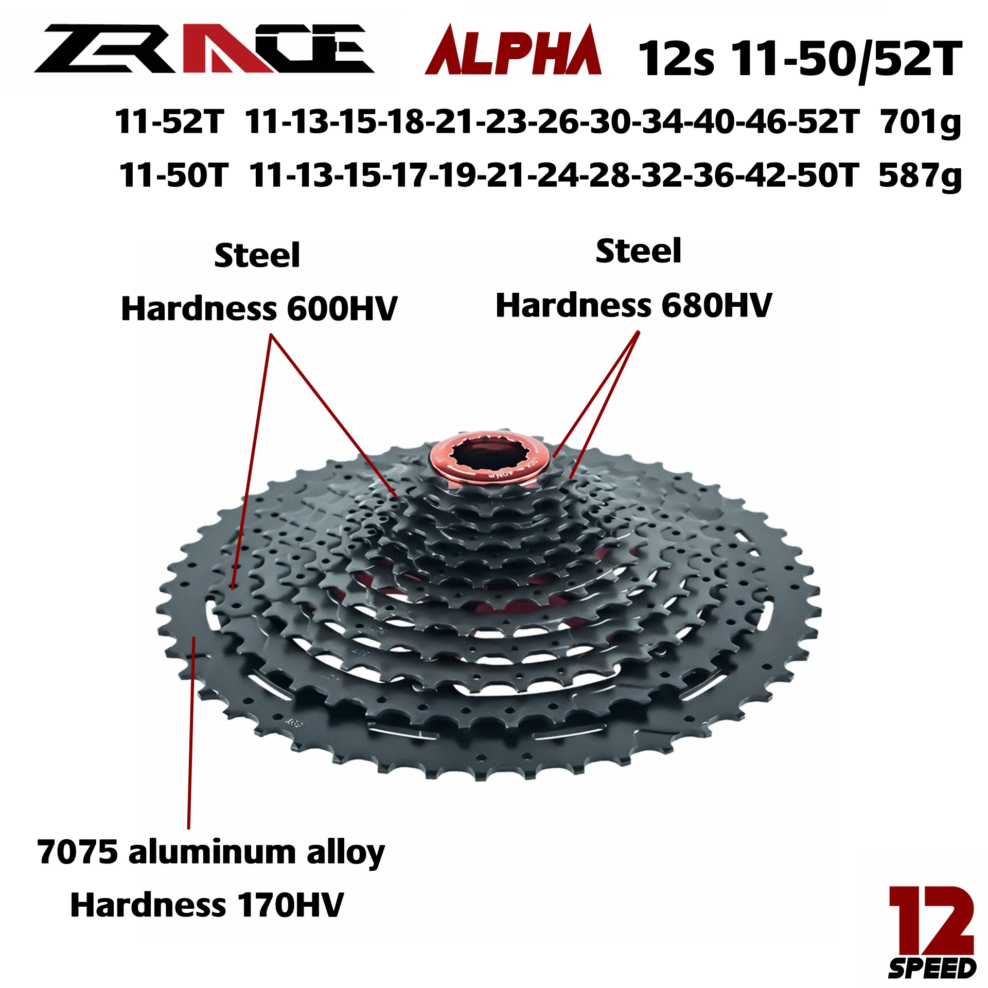 ZRACE Alpha 12s Lightweight Cassette 12 Speed MTB bike freewheel 11-50T / 11-52T - Black,compatible M9100 / XX1 X01 GX NX Eagle