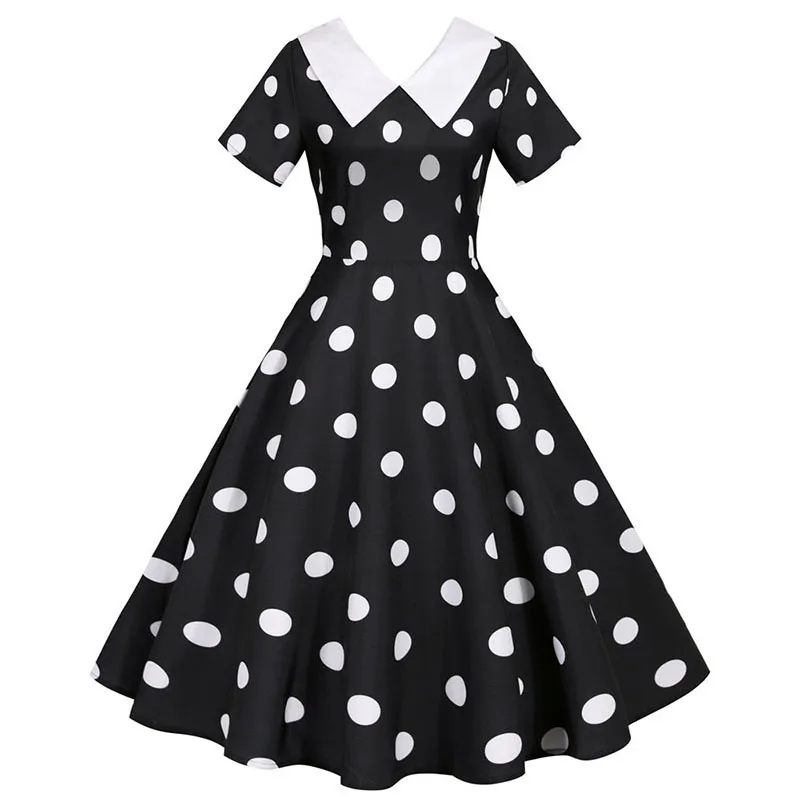 Women Summer Dress Peter Pan Collar Vintage Elegant Polka Dot Party A-line High Waist Vestidos Short Sleeve