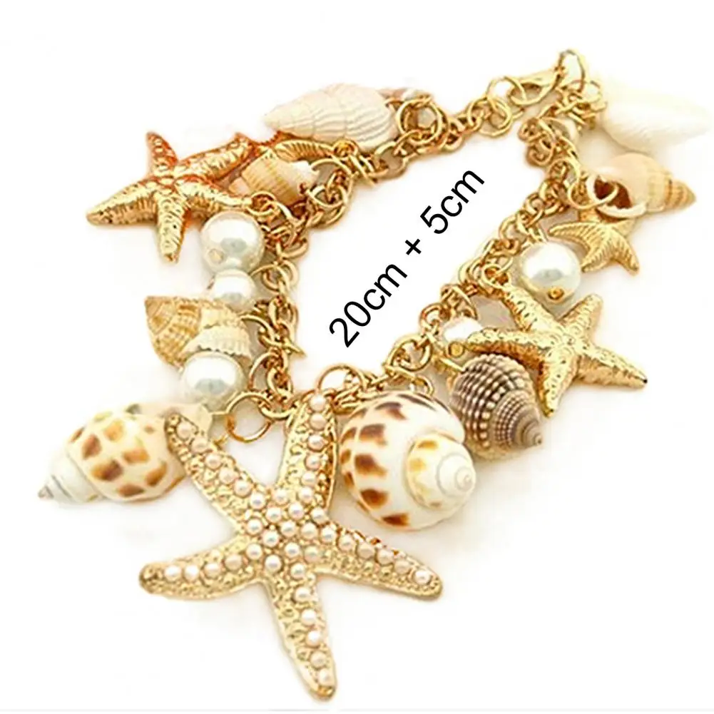 Women Beach Bracelet Cute Adjustable Gold Plated Ocean Faux Pearl Shell Starfish Link Chain Beach Bracelet