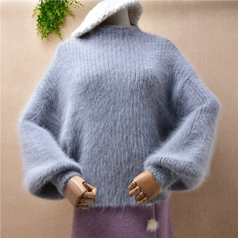 female women winter thick warm hairy angora rabbit fur knitted long lantern sleeves short loose pullover jumper sweater pull top