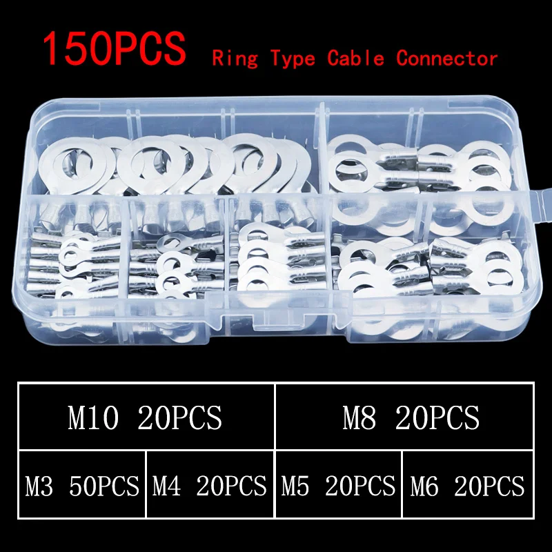 150PCS M3/M4/M5/M6/M8/M10 Ring Lugs Ring Eye Copper Crimp Terminals Cable Lug Wire Connector Non-insulated Diy Assortment Kit