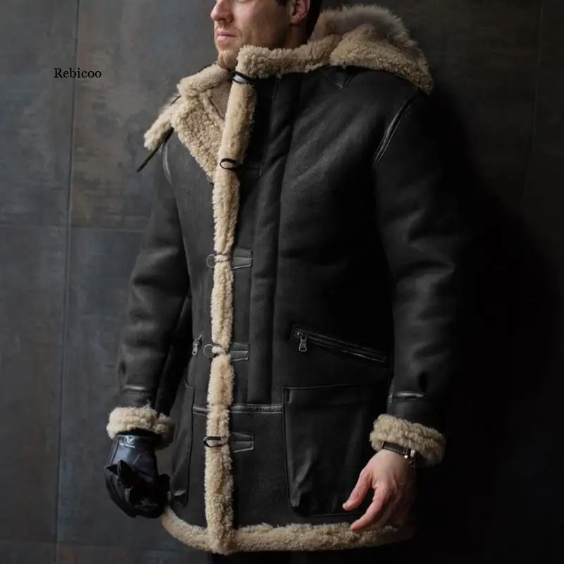 Men's Solid Color Fur One-Piece Hooded Single-Breasted Coat with Zipper Pockets Loose Warm Cotton Coat