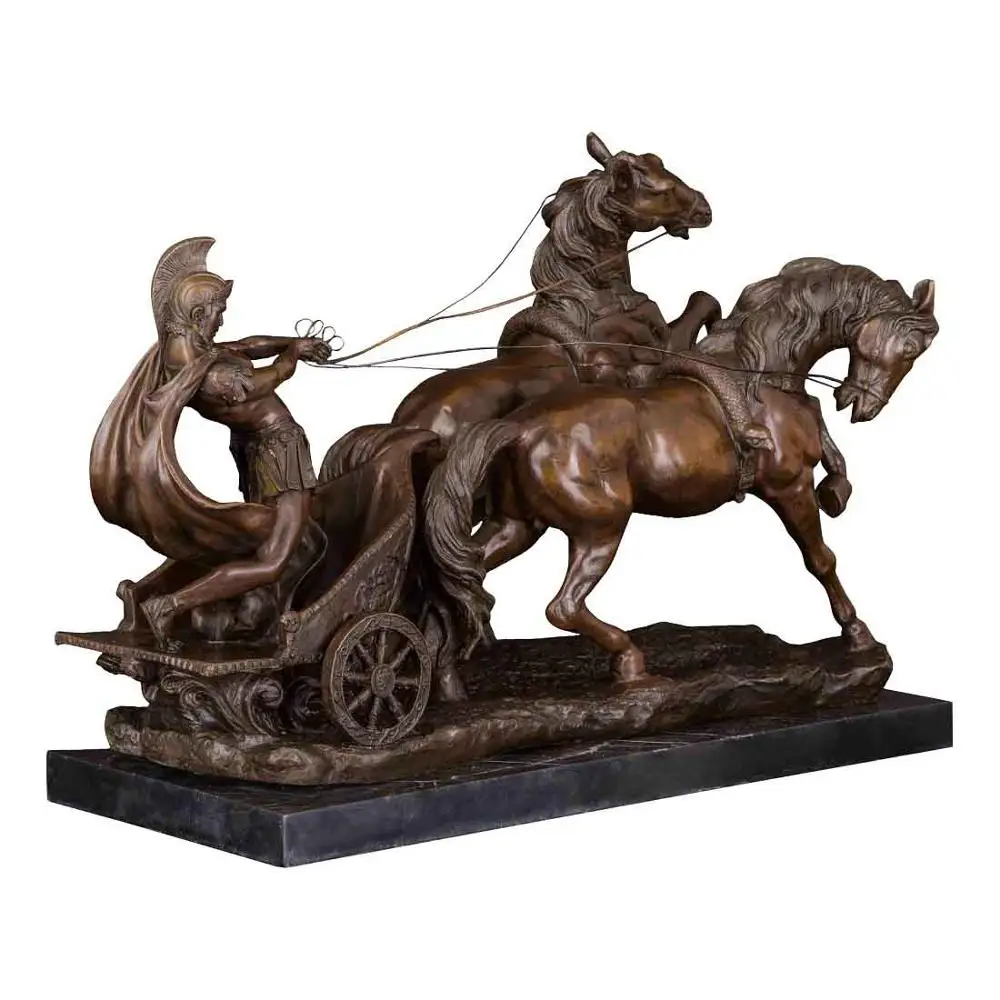 60CM  Large Size Bronze Sculpture Soldier Driving Chariot Horses Statue Antique Warrior Art  Decor