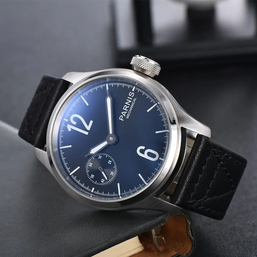 PARNIS Simple Fashional Male Mechanical Watch 6497 Movement Round Case Black Dial Leather Band