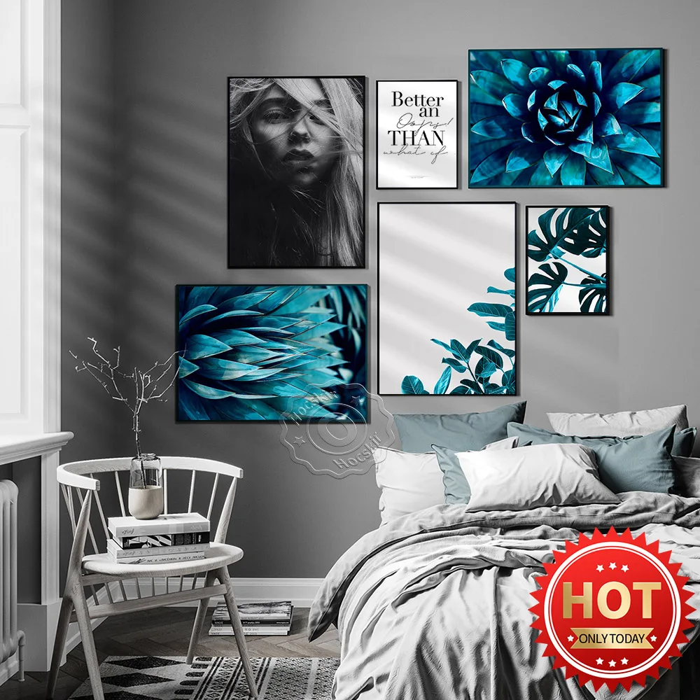 Póster Artístico de flores azules, póster de arte blanco y negro de mujeres bonitas, palabras de estilo Simple nórdico moderno, Mural de decoración del hogar para sala de estar