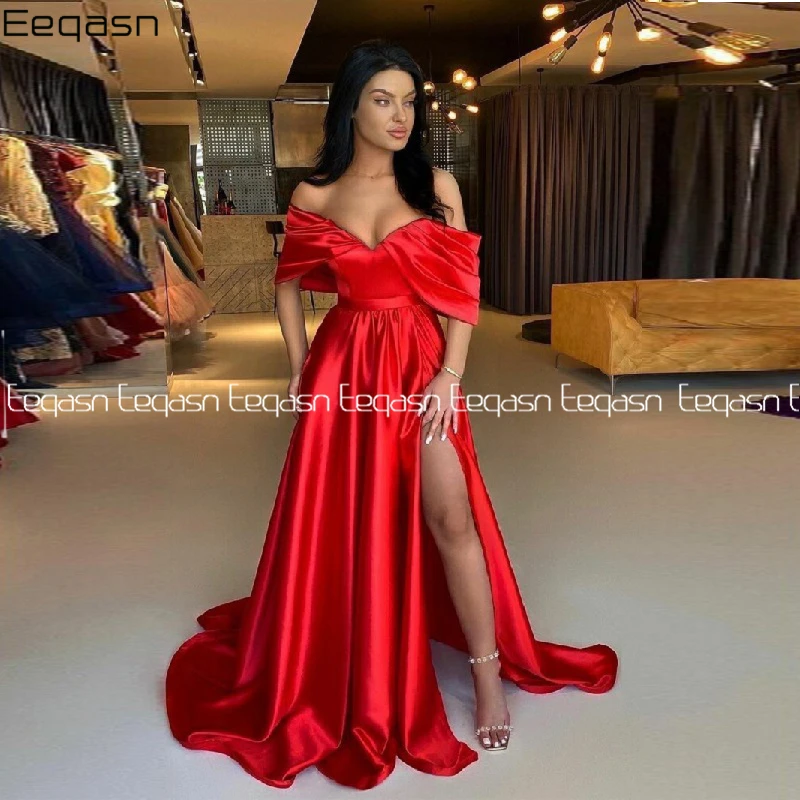 Vestido de noche largo de corte en A para mujer, Sexy, con hombros descubiertos, abertura alta, rojo, para baile de graduación, Formal, 2022