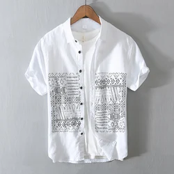 Designer new Chinese style cotton Linen shirt men short sleeve white print shirts for men retro breathable mens clothing tops