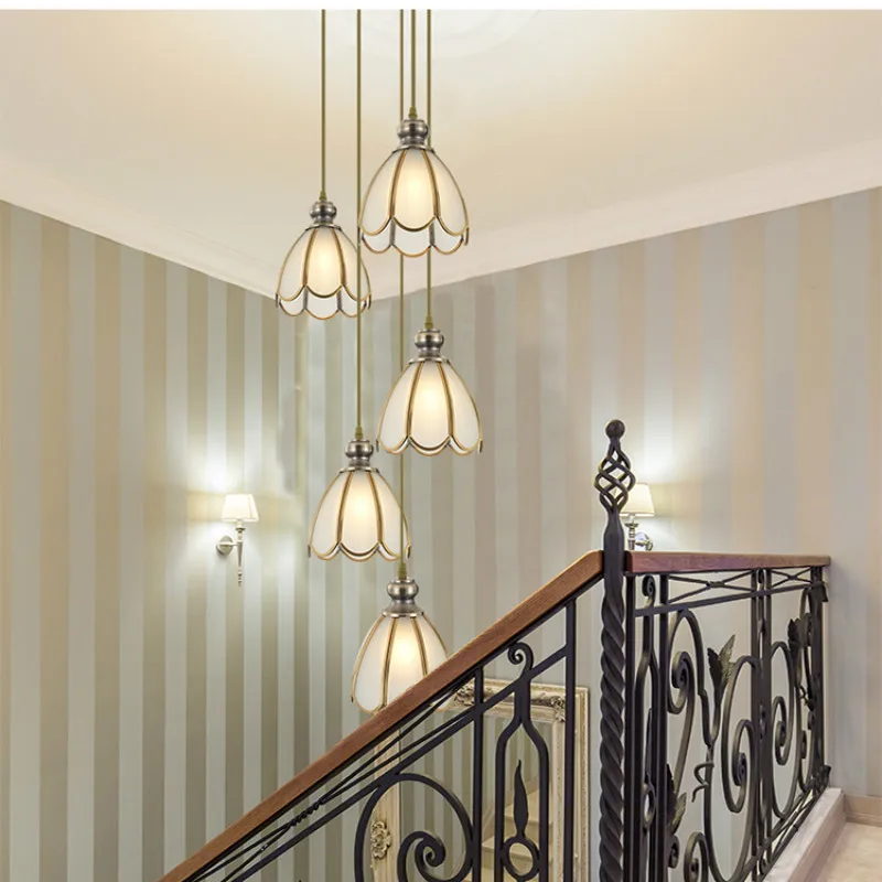 

Luxury atmospheric villa duplex building full copper stairwell long chandelier European glass stair chandelier LB121714