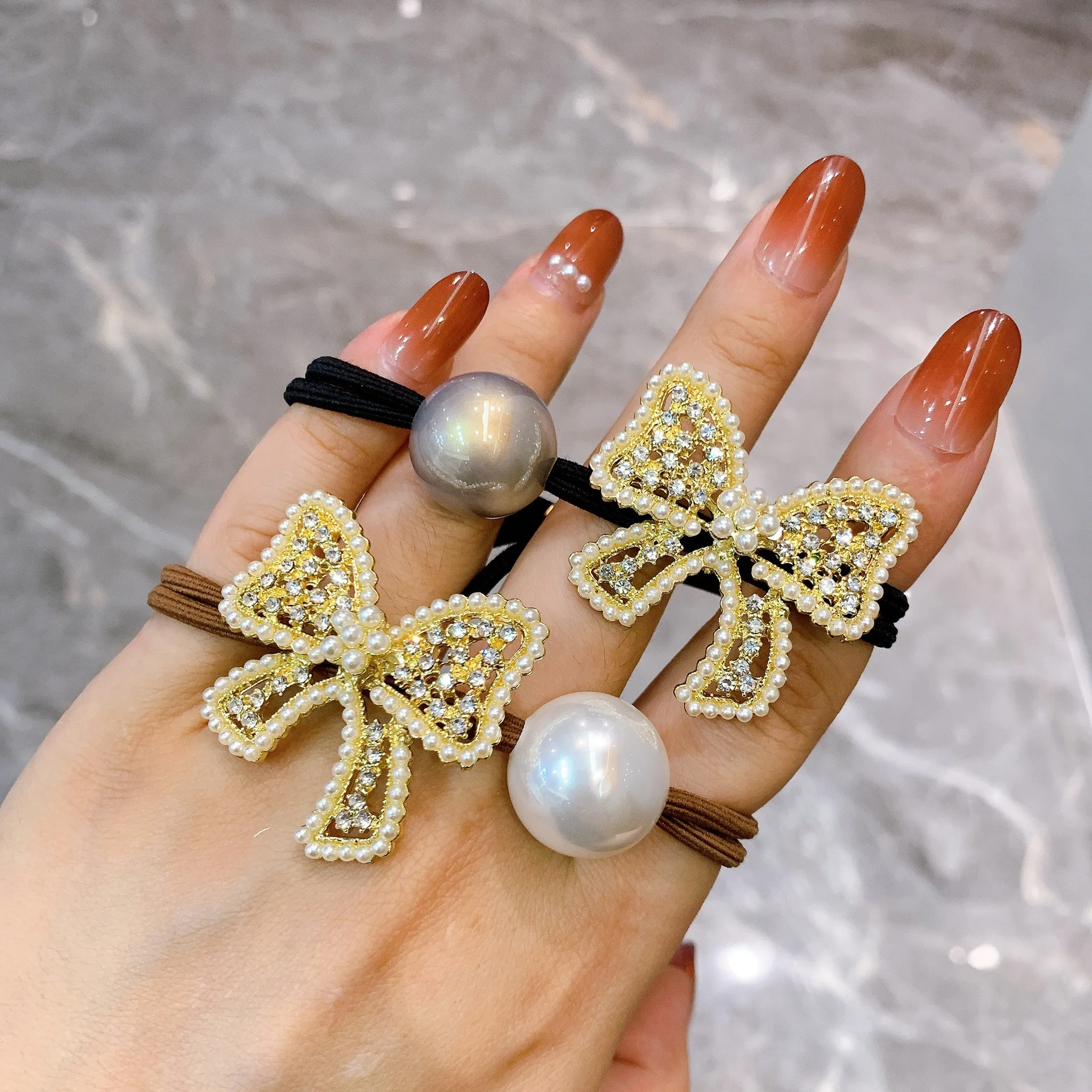 New Style Headwear High-End Sense Head Rope Bowknot Pearl Hair Rope Simple Female Net Red Ponytail Head Rubber Band