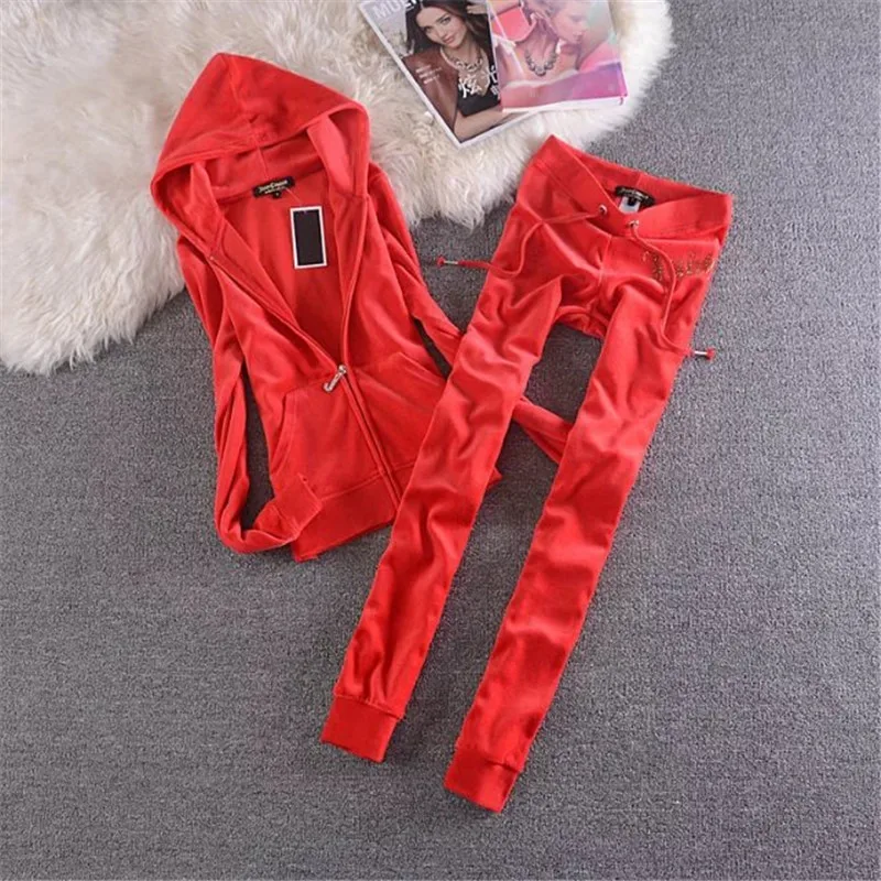 Juicy Lovers Brand Autumn Women Sporting Suits Navy Blue Gray Pink Velvet Women Tracksuits Hooded Collar Jogging Sportswear suit