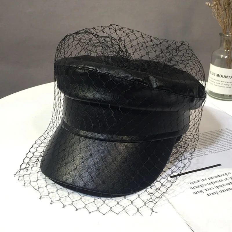 Casquettes Newsboy en voile de dentelle PU noir, haut plat Fmale, maille noire, plusieurs styles, chapeaux de mode, printemps et été, nouveau