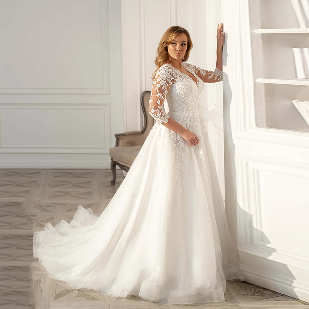 Bescheiden Trouwjurk 2022 V-hals 3/4 Kanten Mouwen Applique Een Line Wit/Ivoor Tulle Bridal Gown Trouwjurken plus Size