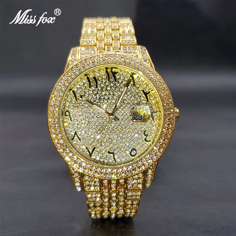 MISSFOX Gold Watch For Men Luxury Stylish Full Diamond Men's Watches Automatic Date Wristwatches Valentines Gift Dropshipping