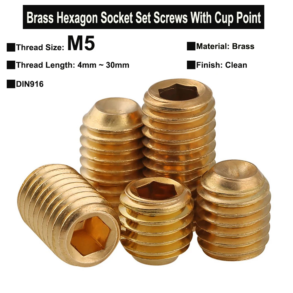 10Pcs M5x4mm~30mm Brass Hexagon Socket Set Screws With Cup Point Headless Screws Grub Screws DIN916