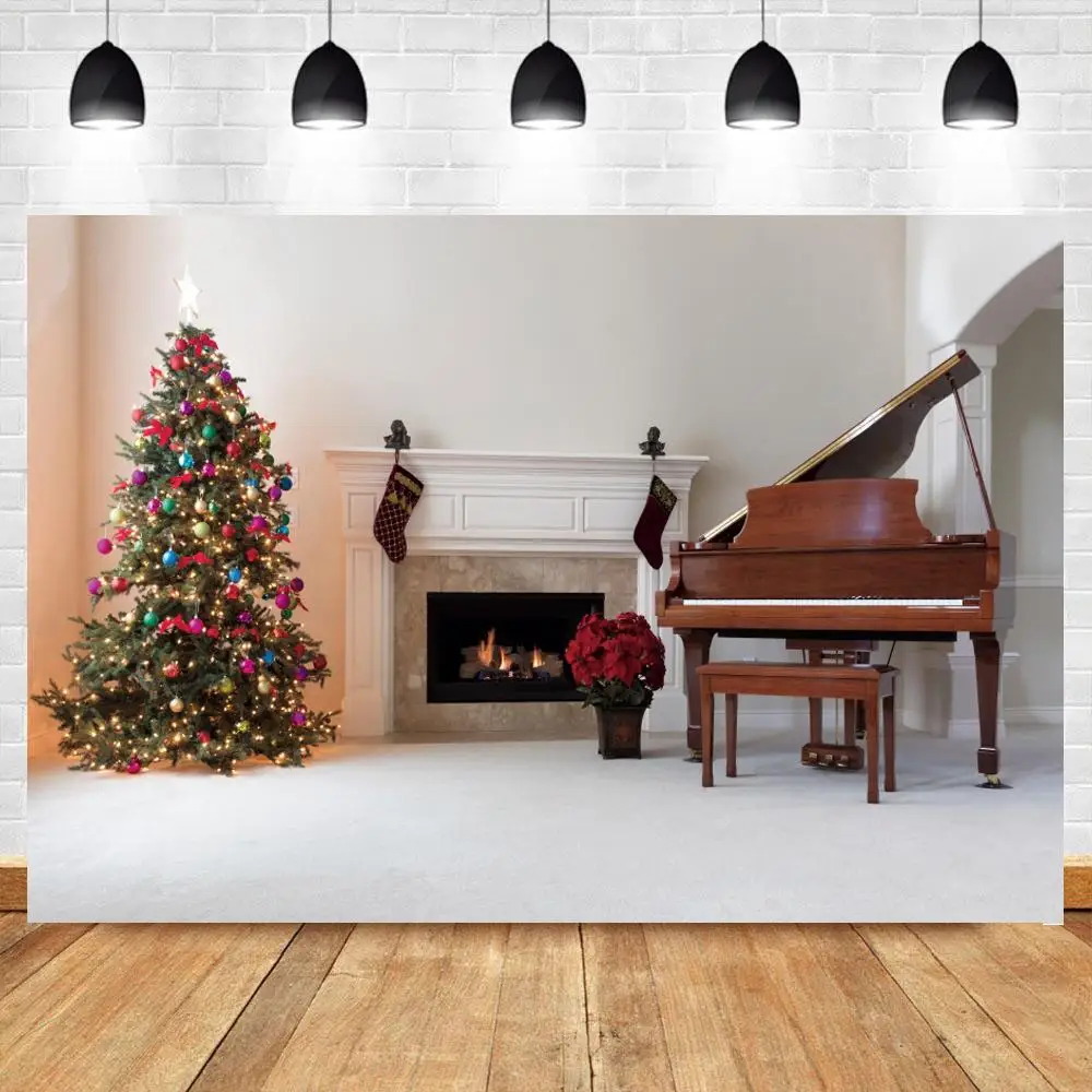 

Indoor Christmas Tree Photography Backdrops for Children Portrait Photoshoot White Fireplace Piano Backdrop for Photo Studio