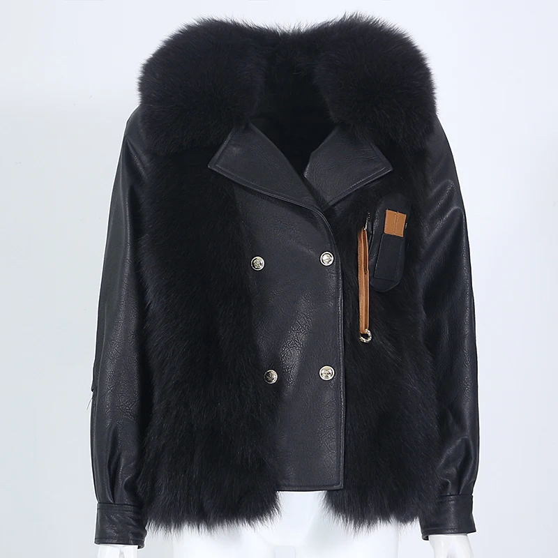 MENINA BONITA 2022 Real Fur Coat Winter Jacket Women Natural Fox Fur Collar Real Sheepskin Leather Warm Outerwear Streetwear