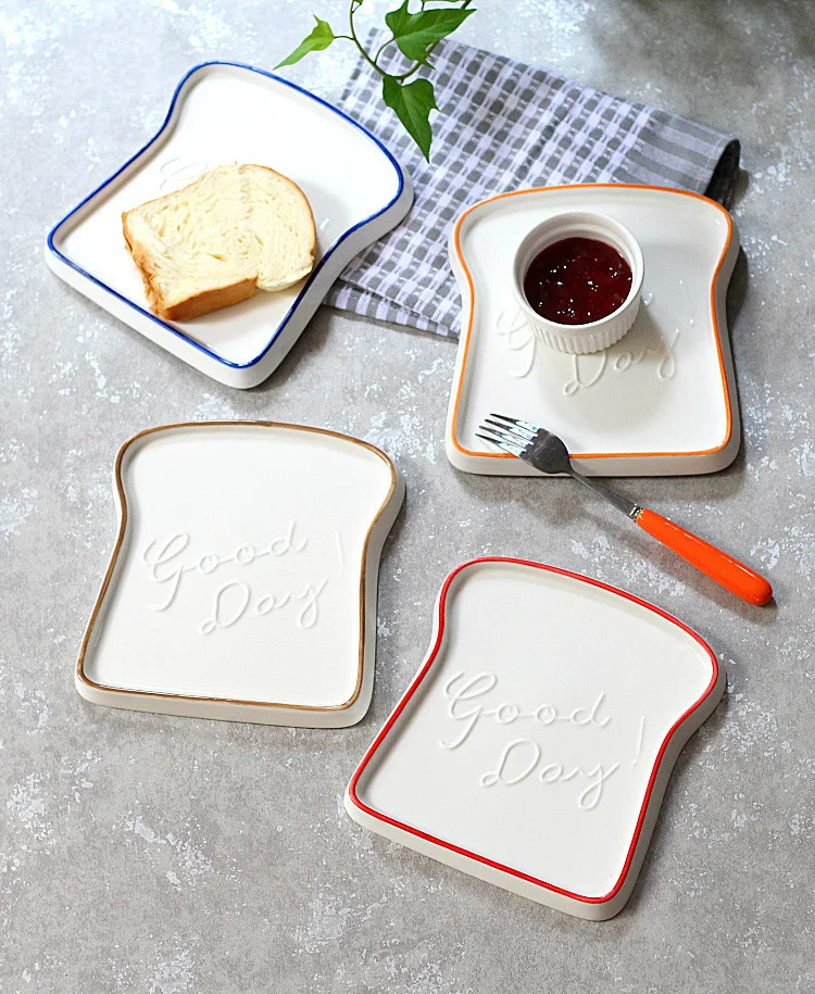 Ceramic Plate Breakfast Dishes Toast Shaped Bread Plates Salad Fruit Snack Dessert Tray Cute Household Tableware