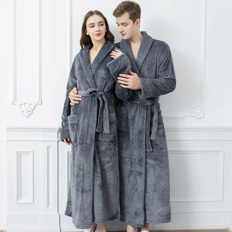 

Women Extra Long Thermal Jacquard Flannel Bathrobe Winter Warm Zipper Bath Robe Pregnant Dressing Gown Men Sleepwear