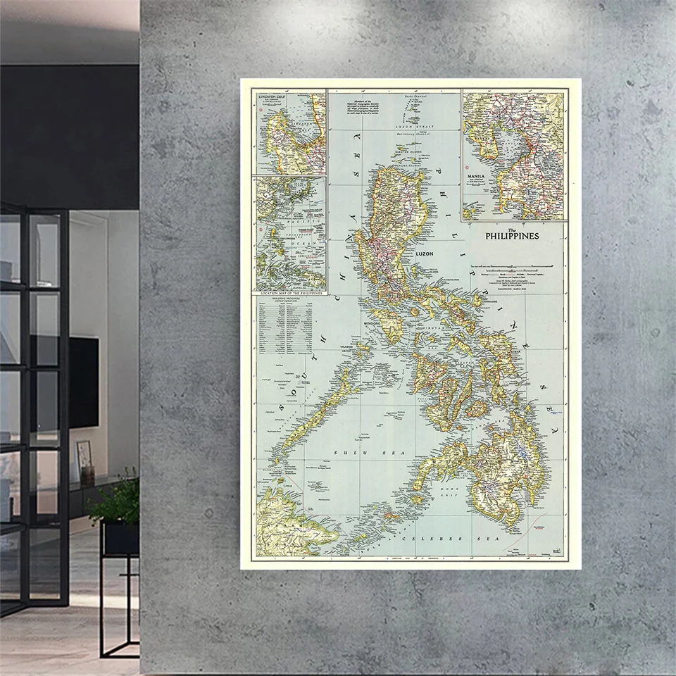 Mapa Vintage Mapa Filipino Poster Retrô Pintura em Tela Decoração de Parede Decoração de Escritório Material Escolar 100*150cm 1945