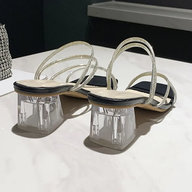 Transparent High Heels Women sandals Summer Party Shoes Celebrity Wearing Simple Style PVC Clear Strappy Bling Square Heel Women