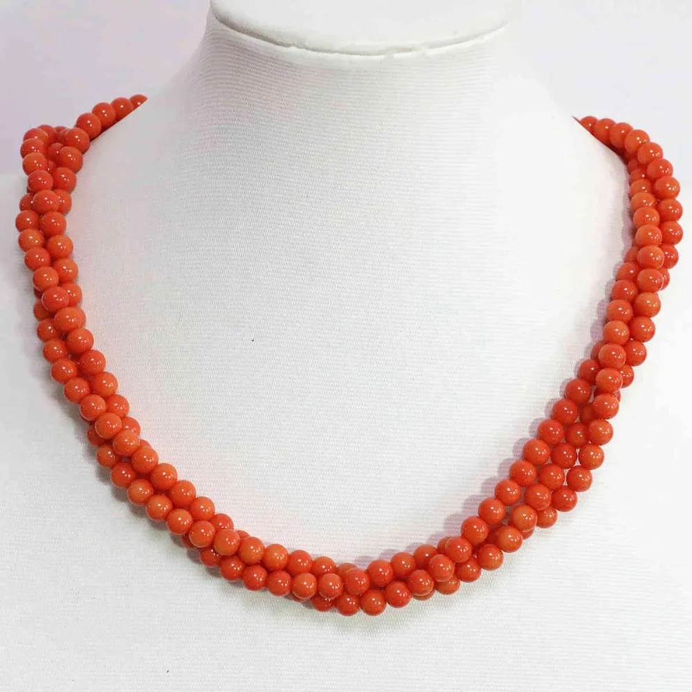 Romantic pink orange artificial coral 3 rows fashion design 6mm necklace round beads charms gift jewelry 18inch B1451