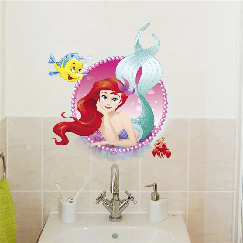 Cartoon Mermaid Ariel Princess With Fish Wall Stickers For Girls Room Home Decoration 3d Pvc Poster Kids Wall Art Decals