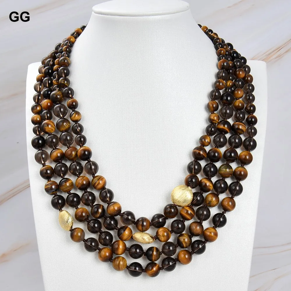 GuaiGuai Jewelry 18''-21'' 4 Strands Smoky Quartz Tiger Eye Necklace For Women Lady Jewelry