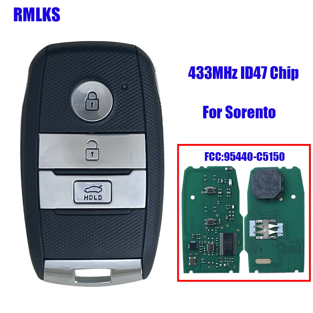 

3 Buttons Smart Car Key For 2018 KIA Sorento Remote With Frequency 433MHz ID47 Chip FCCID 95440-C5150 Uncut Blade