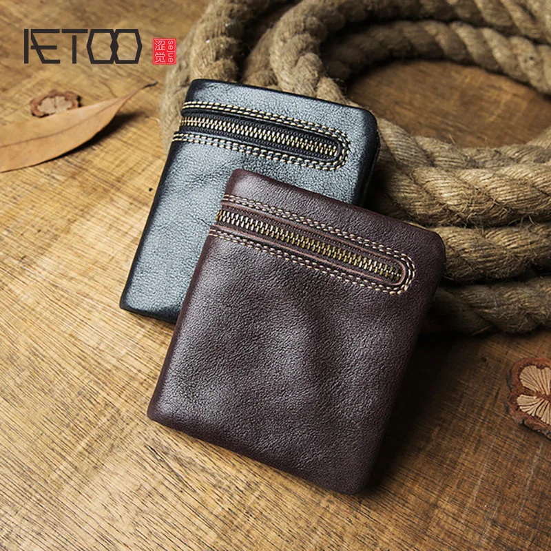 AETOO Men's short wallet, leather zipper ultra-thin wallet, mini wallet, cowhide coin purse