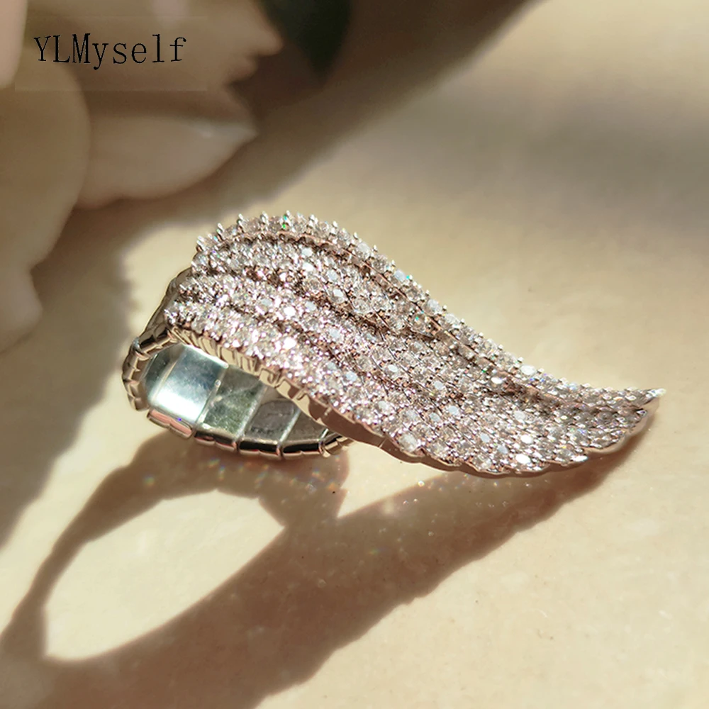 Bague longue et mignonne avec design d'angle d'aile, bijoux en cristal complet, charbon brillant CZ, cadeau pour les filles