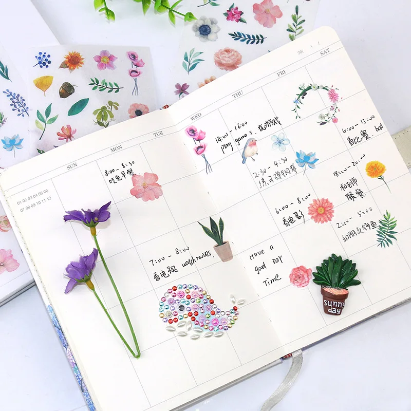 Diary Picture Book Illustration Flower Plant Watercolor Hand-painted Fresh Material and Paper Sticker Hand Account 6 Sheets