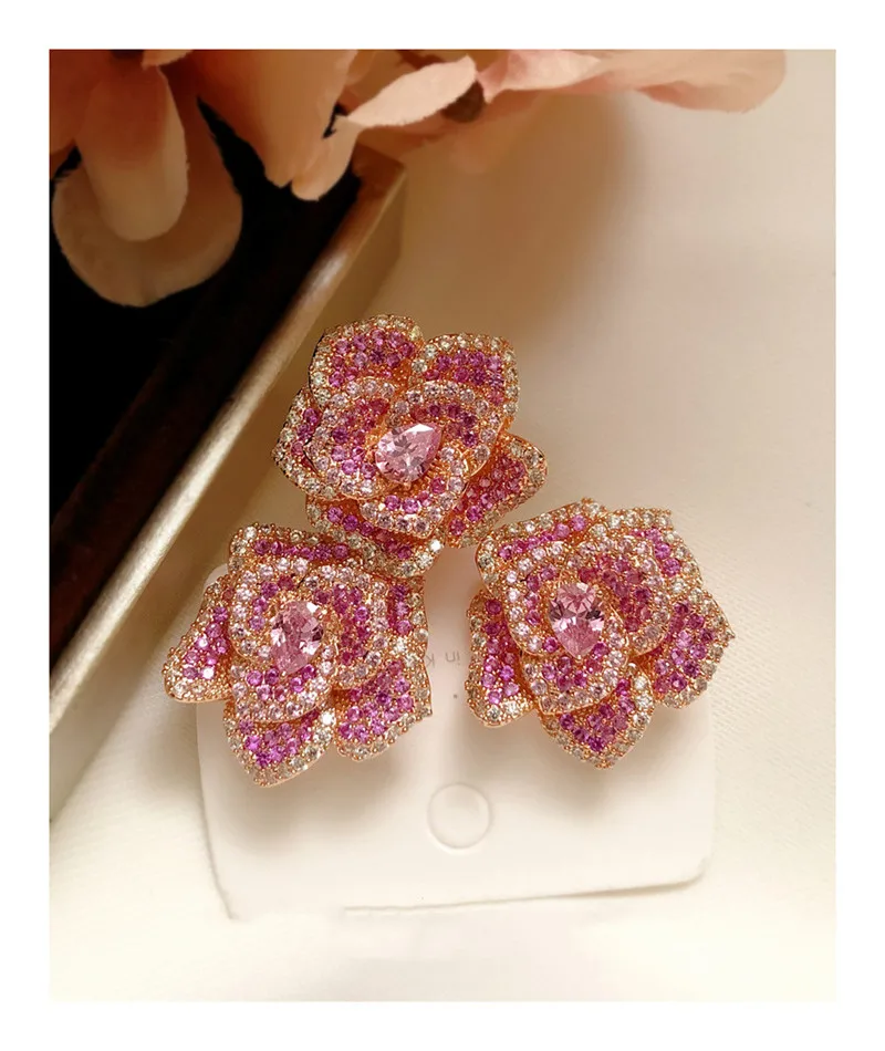 

Jewelry Sets For Women S925 Silver Needles Pink CZ Stereoscopic Rose Flower Open Adjustable Stud Earrings Index Finger Ring