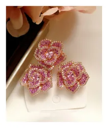 Jewelry Sets For Women S925 Silver Needle Pink CZ Stereoscopic Rose Flower Open Adjustable Stud Earrings Index Finger Ring