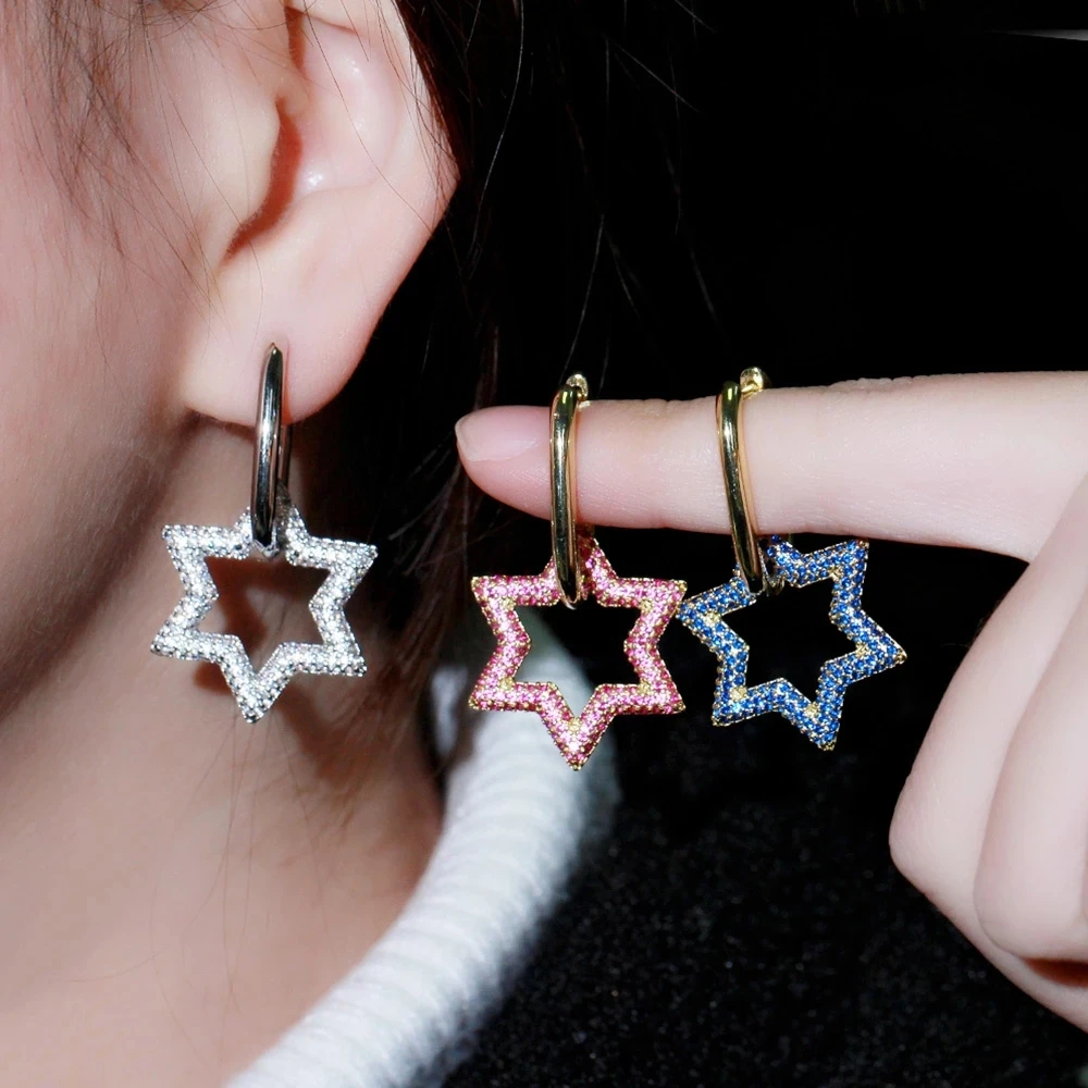 Pera Unique Dangle Big Colorful Hollow Star Shape CZ Zircon 1 Piece Gold Color Hoop Earrings for Women Party Accessories E682