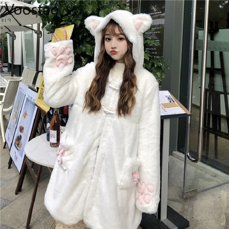 Herfst Winter Vrouwen Zoete Lolita Jas Warme Zachte Pluche Kawaii Leuke Kat Oren Capuchon Jassen Meisjes Cartoon Kat Klauw Parka uitloper