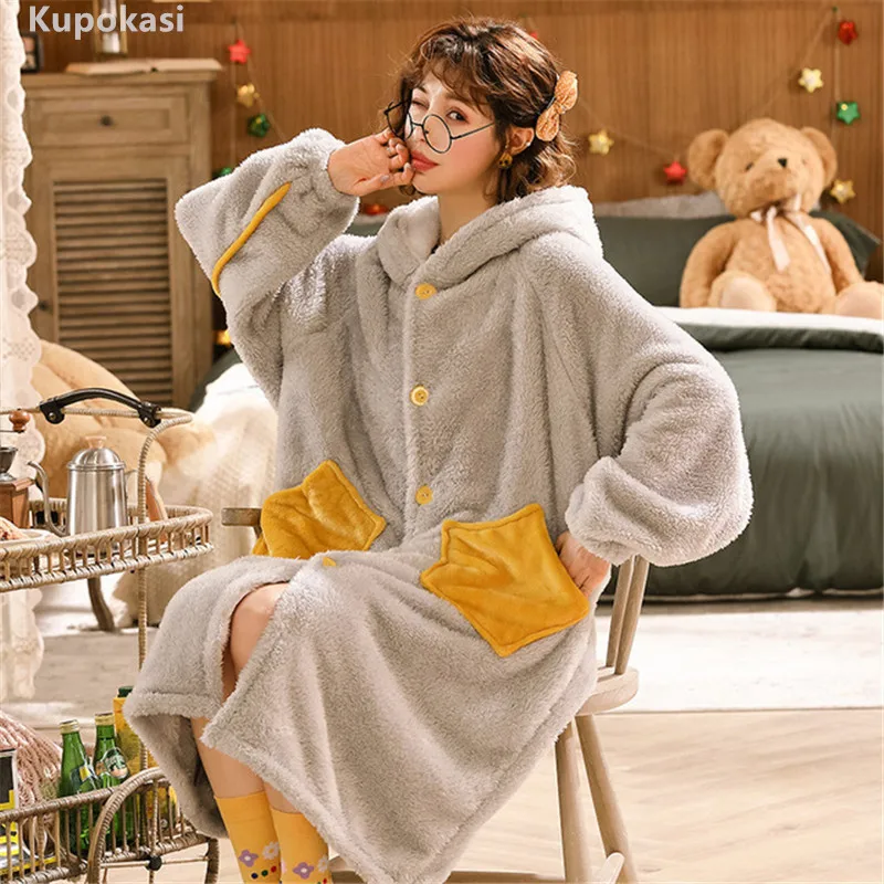 Kupokasi Winter Sleepwear Warm Thicken Flannel Long Sleeve Nightgown Woman Cute Cartoon Panda Robe Homewear