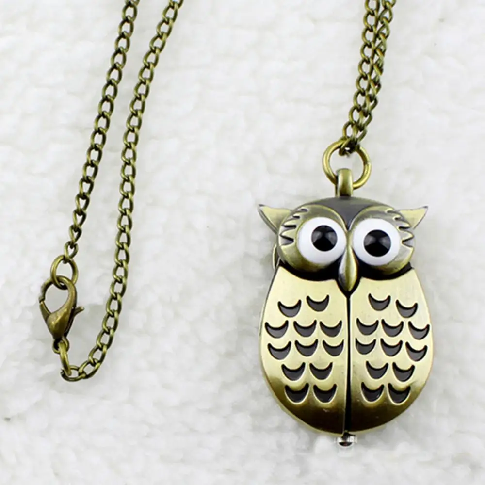 Vintage Bronze Retro Slide Smart Owl Pendant Long Chain Mechanical Necklace Pocket Watch Hand-winding Men Women Chain Gifts