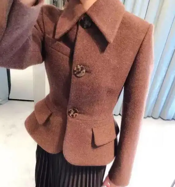 Cappotto di lana corto invernale vintage stile corte francese donna risvolto vita sottile temperamento miscele di lana